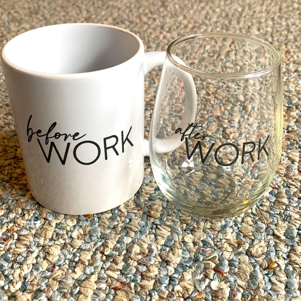 New “before work” and “after work” mug and wine glass set